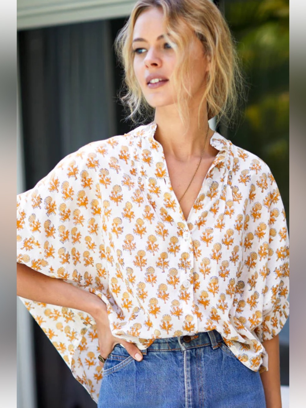Emerson Frye Marigold,  White Floral Button-Front Blouse
